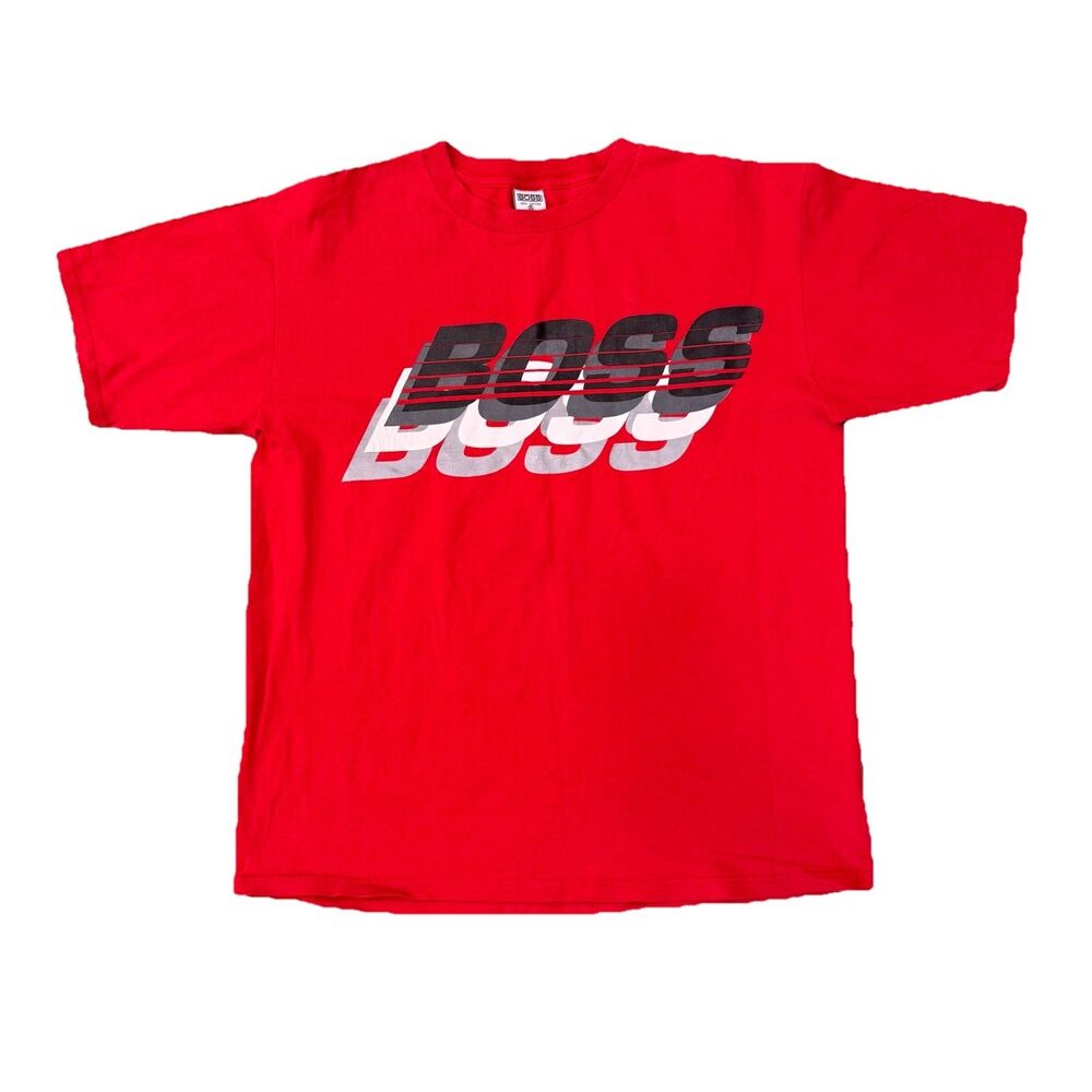 vintage 00s Y2K retro Spell Out Logo 90s Hugo Boss T-Shirt BOSS 2002 USA XL Red